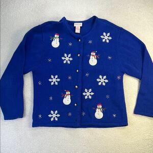 Crystal-Kobe Womens Vintage Christmas Cardigan Snowmen Snowflakes Blue Medium